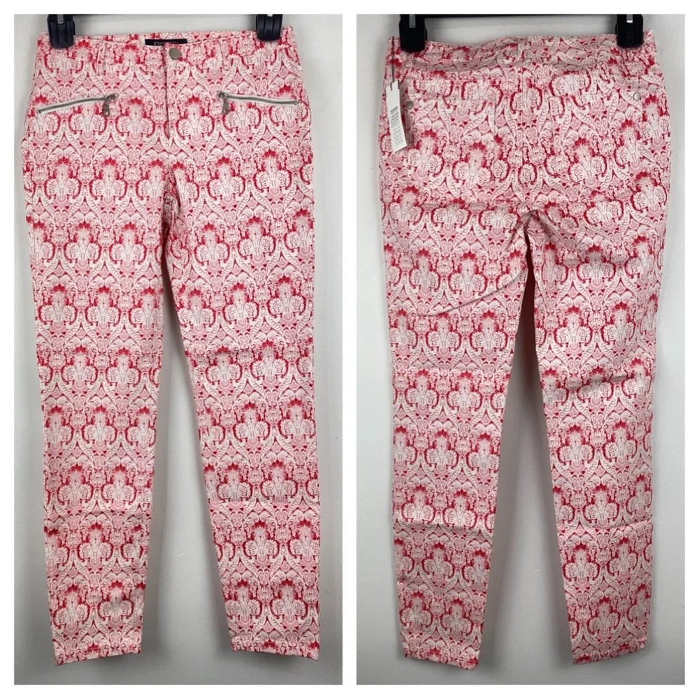 Etcetera size 2 Women's Pink Red White Print Zipper Pocket Skinny Pants
